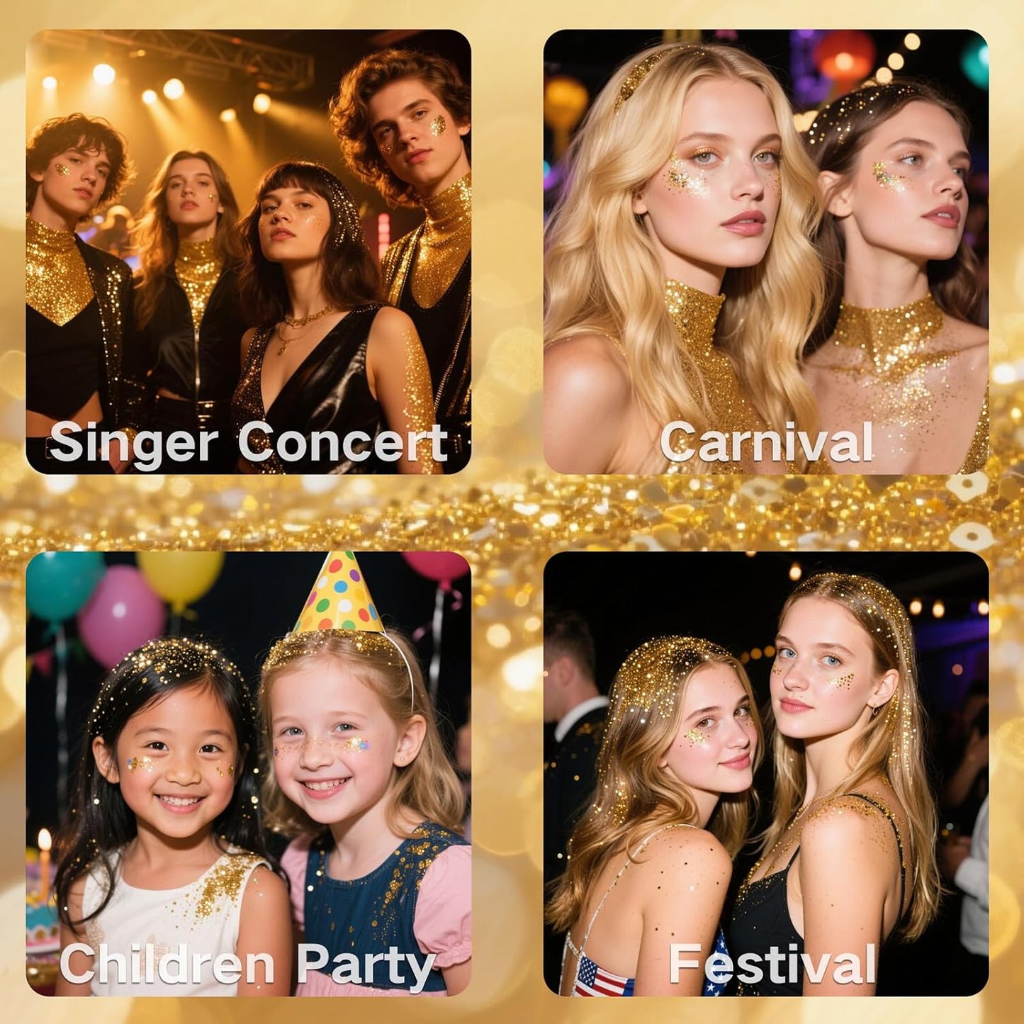 4 Jars Gold Face Glitter,Singer Concert Costume for Women,Sparkle Gold Body Hair Glitter,Rave Music Festival Outfits,Carnival Mardi Gras Makeup Accessories,40g/1.41 oz