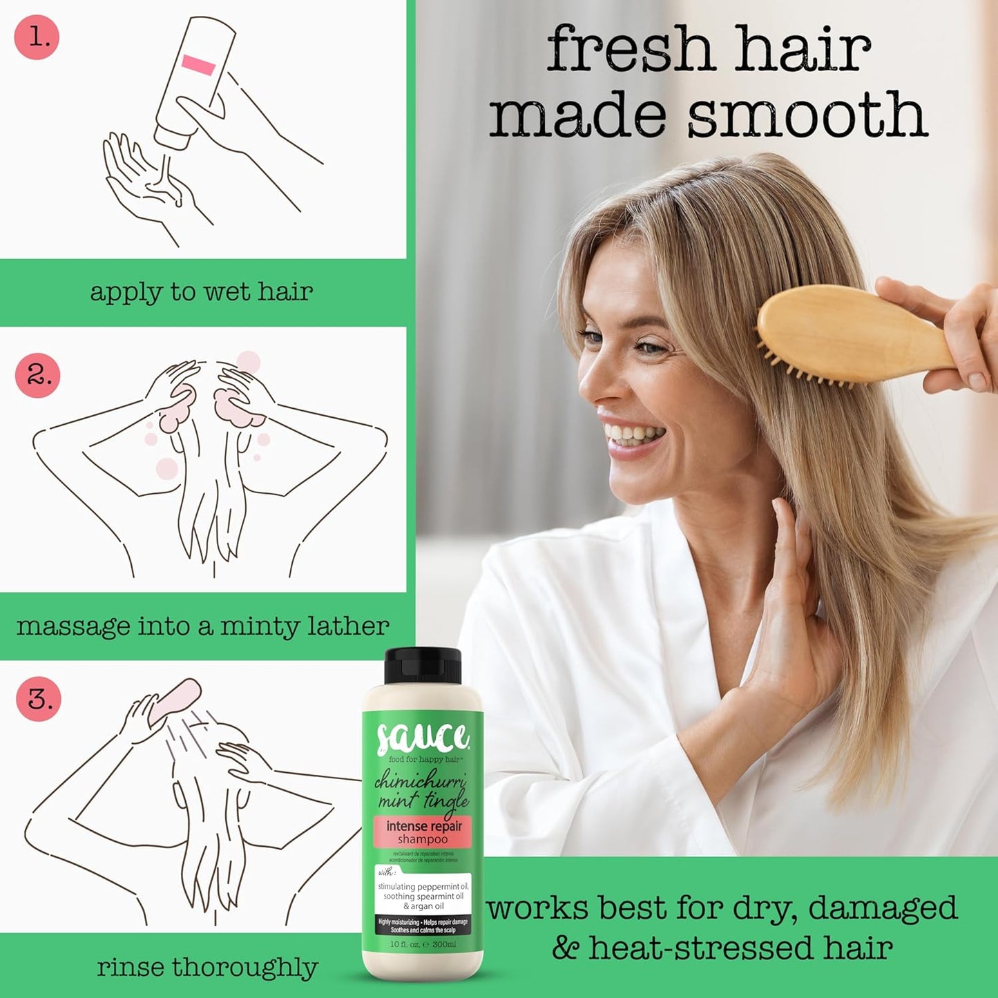 SAUCE Intense Repair Shampoo, Chimichurri Mint Tingle (10 Fl Oz) Soothes & Calms Scalp, Hydrating Shampoo for Damaged Hair with Argan & Peppermint Oil, No Parabens & Sulfates