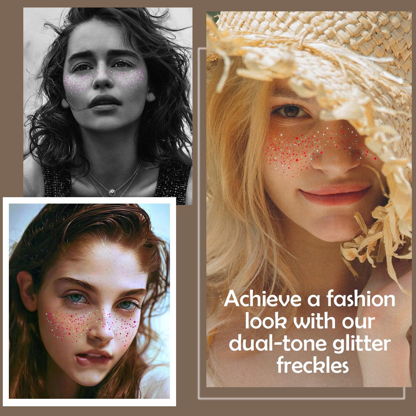 10 Pcs Rose-Silver Laser Glitter Freckles, Rose and Silver Glitter Freckles Face Tattoo, Waterproof Face Sparkle Freckles, Long-lasting 48h Freckles for Women