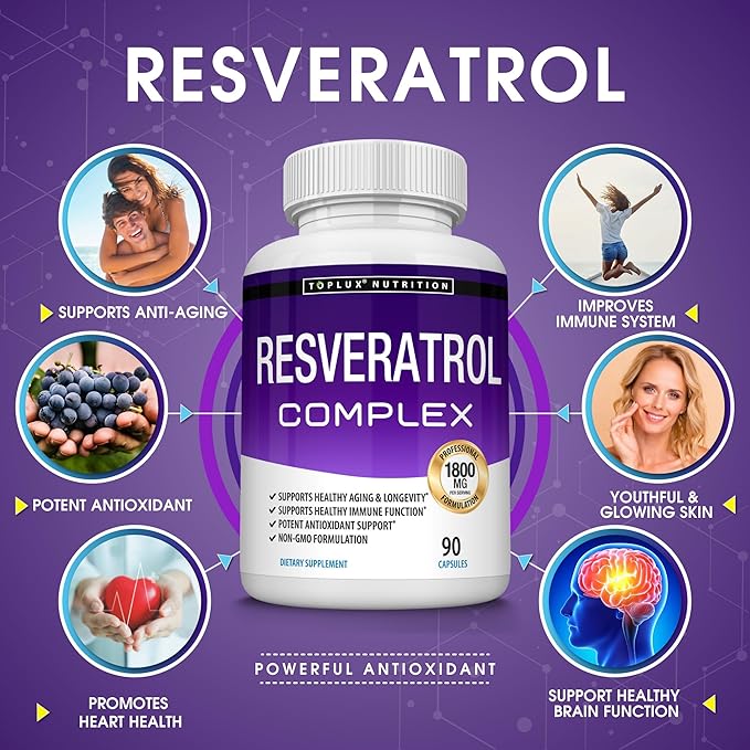 Resveratrol Supplement 1800 mg Antioxidant Complex - Highly Potent Natural Trans-Resveratrol Pills for Healthy Aging, Overall Health Support, Immune System, Brain Function, for Men Women, 90 Capsules