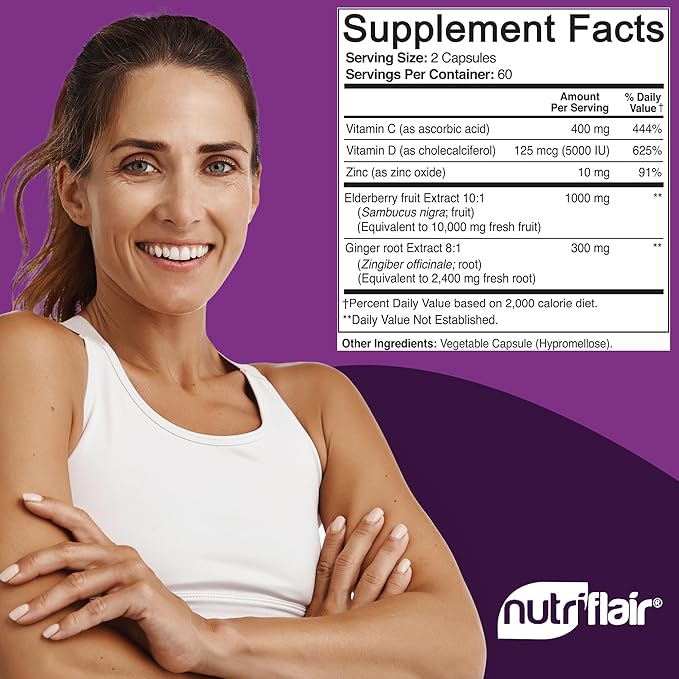 NutriFlair Sambucus Elderberry, 120 Veggie Capsules 5 in 1 Immune D3 5000 5000 IU, 2 Month