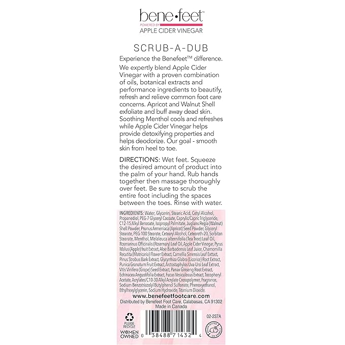 Benefeet Scrub-A-Dub Cooling Foot Scrub - Exfoliates + Refreshes Dry + Dull Skin, Get Smoother Skin from Heel to Toe, Made w/Vitamin E, Apple Cider Vinegar, Walnut Shell + Apricot Seed, 4 oz (1 Pack)