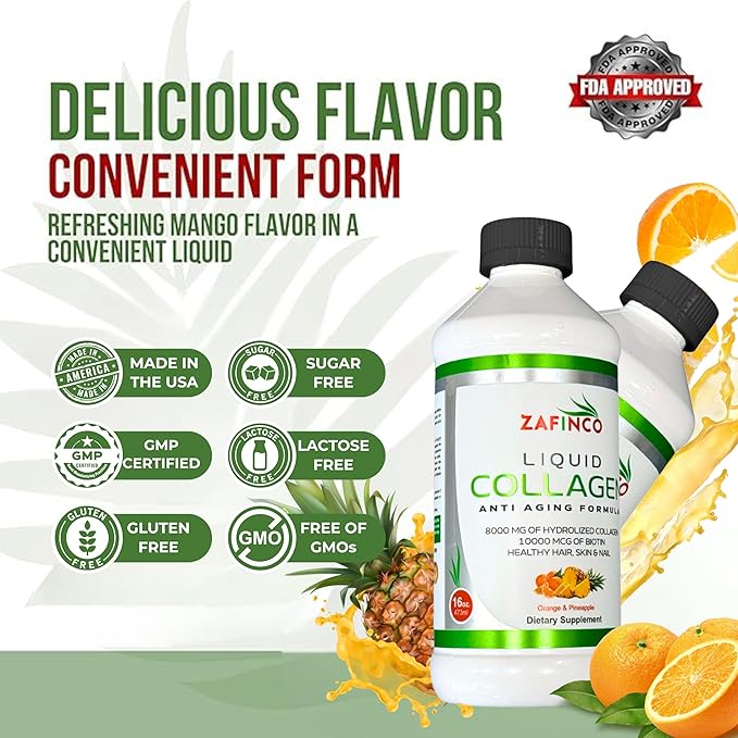 Liquid Collagen for Women & Men-Pine'O'Range Flavored Premium Grade 10000 mcg Biotin+8000 mg of Hydrolyzed Collagen for Radiant Skin Glow,Anti-Aging,Hair Growth & nice Nails.16 fl oz-Made in USA