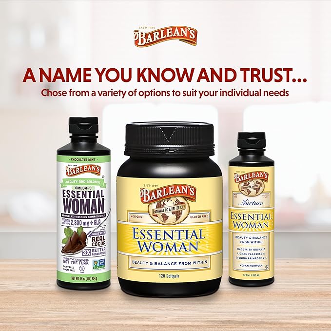 Barlean's Essential Woman Chocolate Mint Liquid Supplement from Flaxseed, Evening Primrose Oil & Soy Isoflavones, Omega 3 6 9 and GLA, Hormonal Balance & Healthy Hair and Skin, 16 oz
