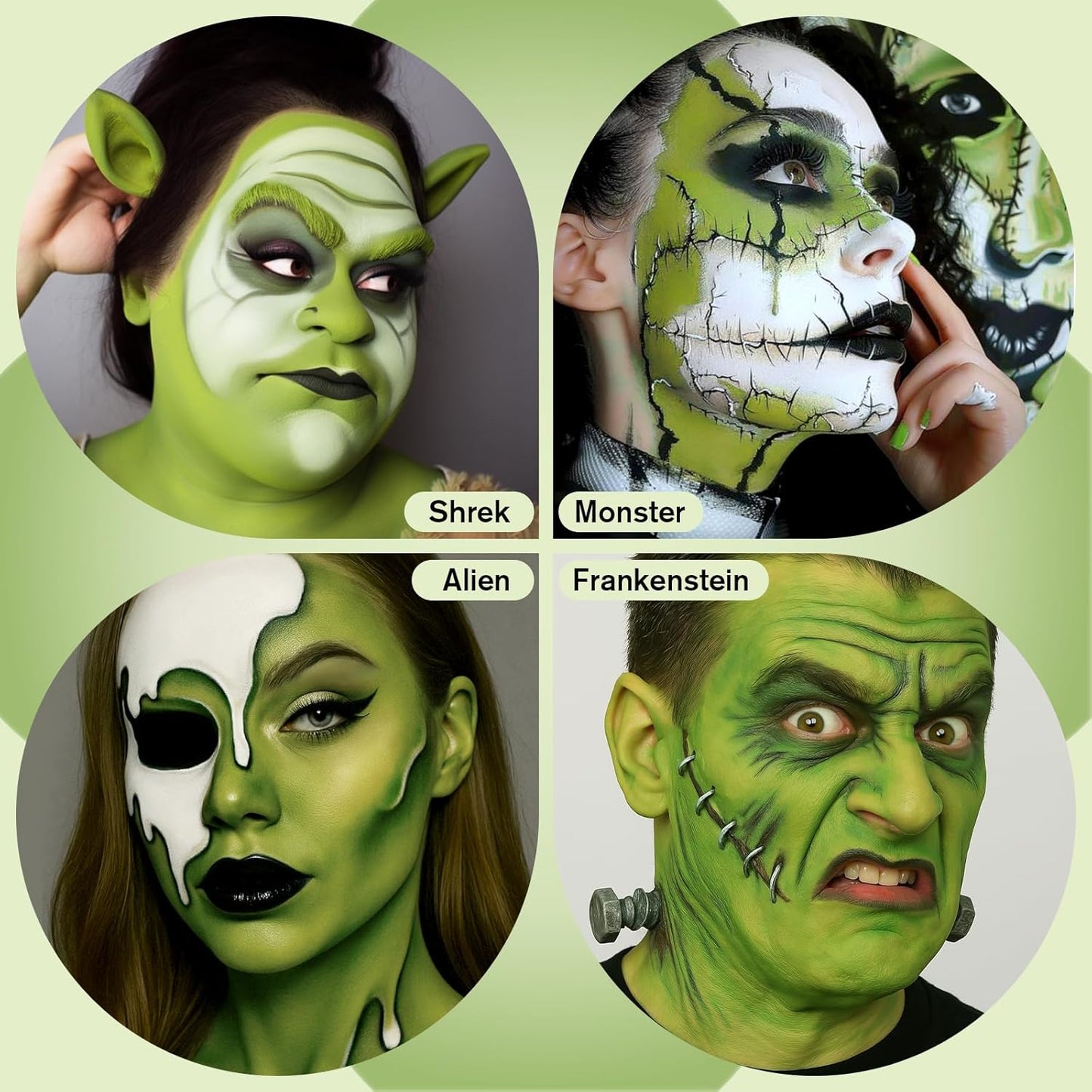 White Foundation + Black Green Face Body Paint with Painting Brushes Halloween Makeup Set, Kids Adults Facepaint Kit for Witch Monster Grinch Shrek Hulk Alien Special Effects Make Up Cosplay Party