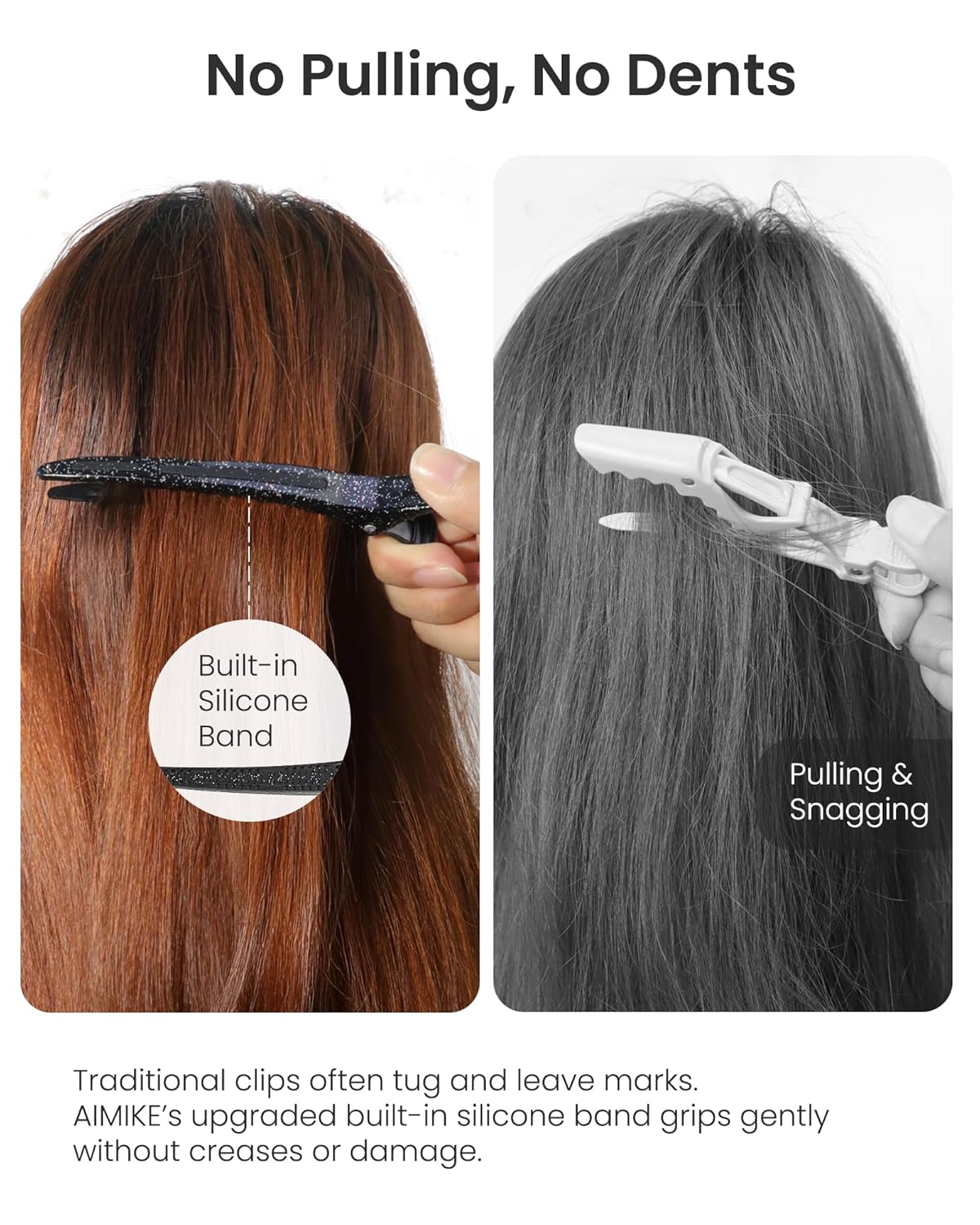 AIMIKE Extended Sectioning Hair Clips w/Built-in Silicone Band, 4.8" No-Crease Non-Slip Hair Styling Clips for Thick, Curly Hair –Blow Drying, Hair Rollers, Rust-Free – 6 Pack, Glitter Duckbill Clips