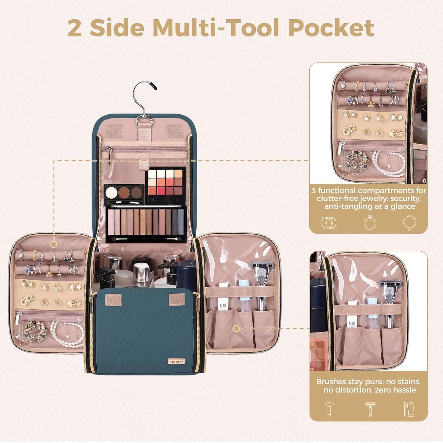 Hanging Toiletry Bag & Makeup Bag for Women with Jewelry Organizer - TSA Approved Large Capacity Travel Cosmetic Organizer, Waterproof Shower Essentials Case with Transparent Pockets