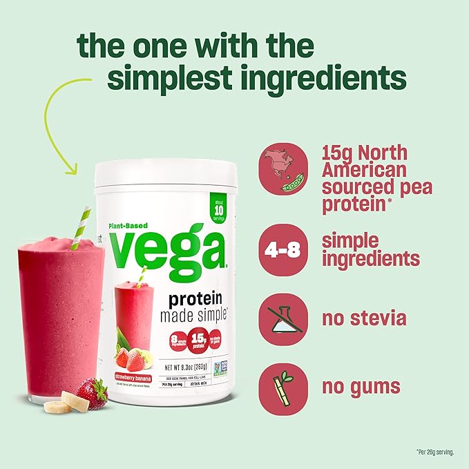 Vega Protein Made Simple Protein Powder, Vanilla - Stevia Free, Vegan, Plant Based, Healthy, Gluten Free, Pea Protein for Women and Men, 2.2 lbs (Packaging May Vary)