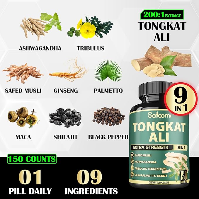 9in1 Tongkat Ali Root Extract 200:1 - Ashwagandha, Tribulus Terrestris - 150 Capsules for 5 Months - Support Strength, Energy & Healthy Immune