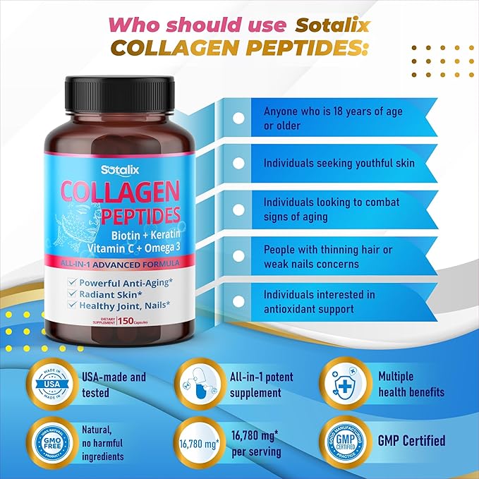 Collagen Peptides 16,780 mg with Biotin + Keratin, Vitamin C + Omega 3 - Radiant Skin, Healthy Joint, Nails - USA Made & Tested (150-day Supply)