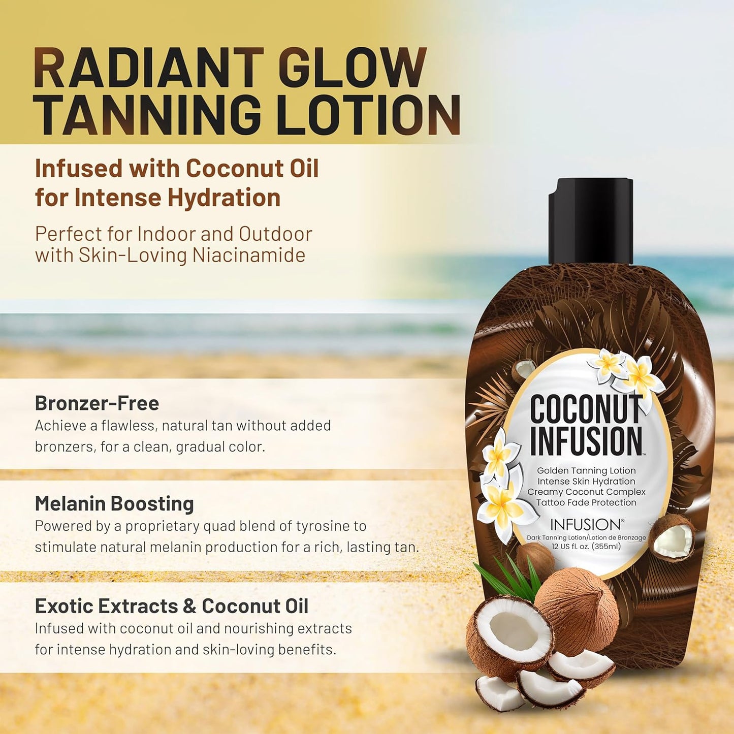 Coconut Infusion Tanning Lotion – Indoor & Outdoor Tan Accelerator – Hydrating, Safe for Face, Body, and Tattoos – Coconut Vanilla Scent – No Bronzer, Compatible for All Skin Types