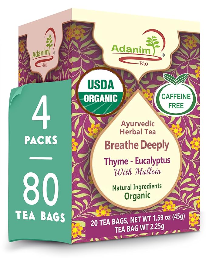 Adanim Bio Eucalyptus Mullein Tea Contains 20 Teabags of Organic Eucalyptus Leaves, Thyme, and Mullein, Providing Health Benefits to the Lungs