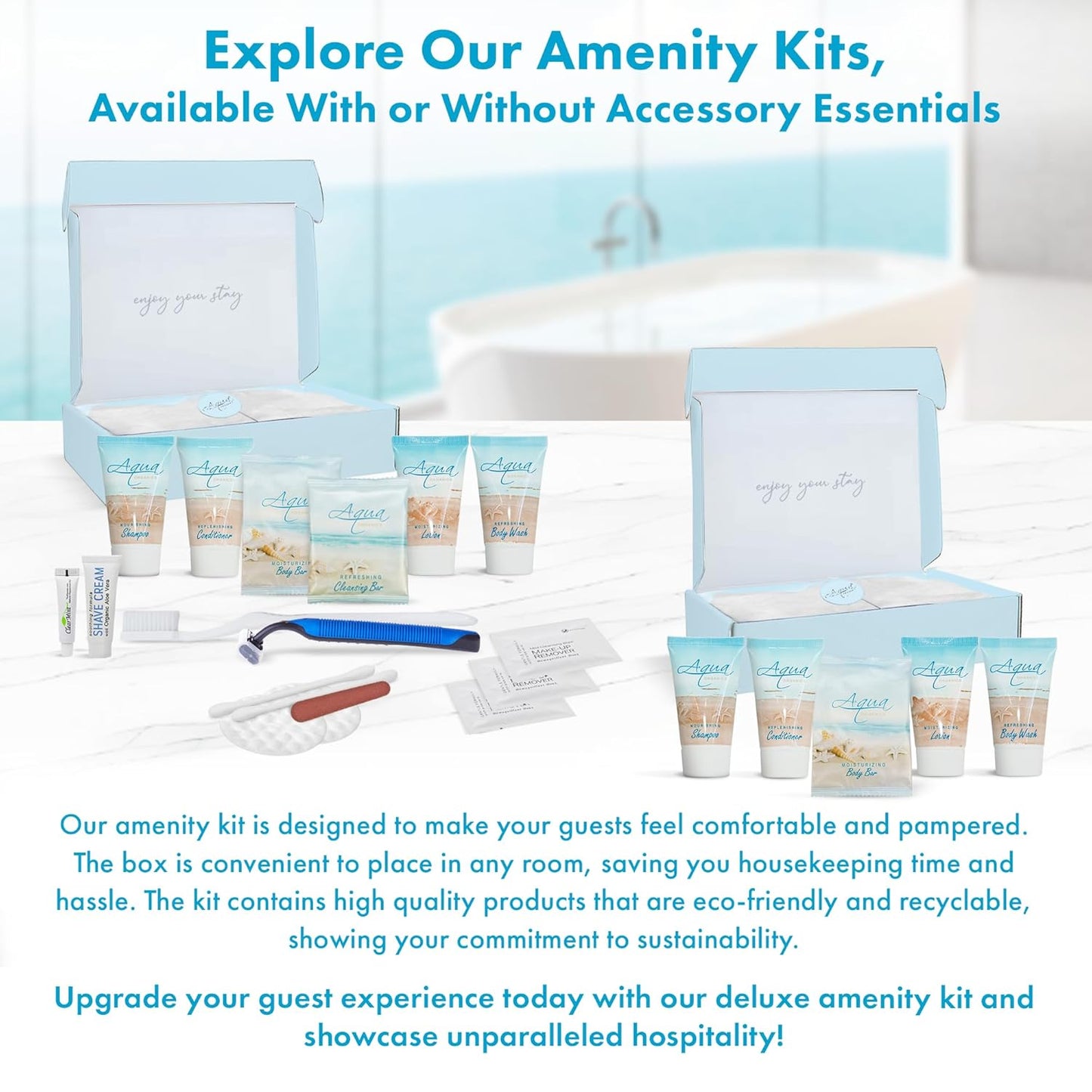 1-Shoppe Aqua Organics Amenity Kit | Boxed Hotel Toiletries Bulk Set | 1 oz Shampoo, Conditioner, Lotion, Body Wash & Bar Soap | 75 Sets per Case