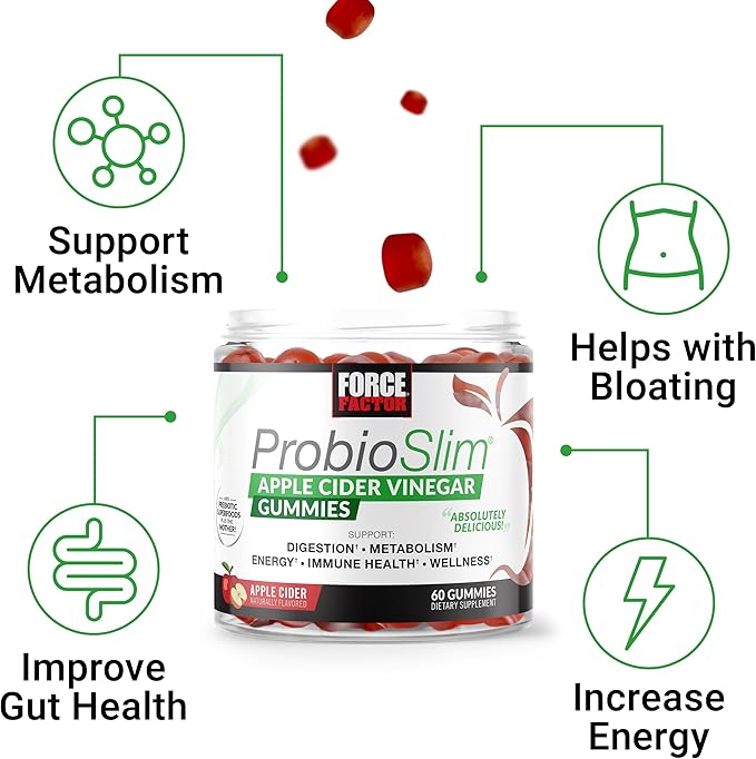 FORCE FACTOR ProbioSlim Apple Cider Vinegar Gummies, 2-Pack, with Organic Apple Cider Vinegar and LactoSpore Probiotics and Prebiotics to Support Digestion, Metabolism, and Immune Health, 120 Gummies