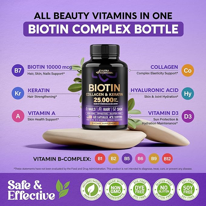 Biotin | Collagen | Keratin | 25000 mcg B1 | B2 | B3 | B6 | B7 - 60 Capsules