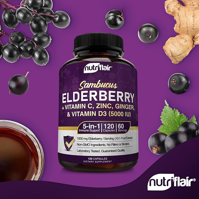 NutriFlair Sambucus Elderberry, 120 Veggie Capsules 5 in 1 Immune D3 5000 5000 IU, 2 Month
