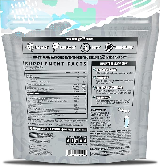 GHOST Glow Sticks: Beauty and Detox Supplement - 30 On-The-Go Stick Packs, Mango Margarita - Hyaluronic Acid, Biotin & L-Theanine for Skin-Boosting Support - Sugar Free, Gluten Free