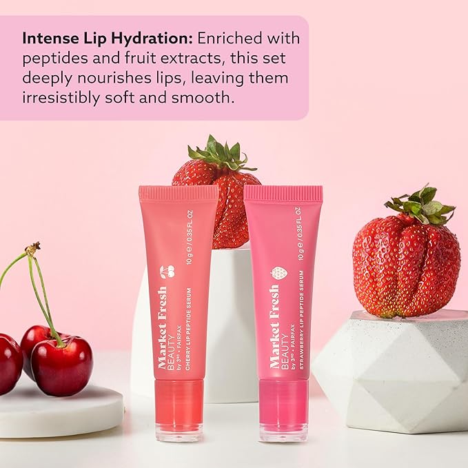 Peptide Glow Lip Serum Set by Market Fresh Beauty - Double Dose Hydrating Lip Care, Cherry & Strawberry Flavors, Vegan, Cruelty-Free, Clean Ingredients, 2 Pack