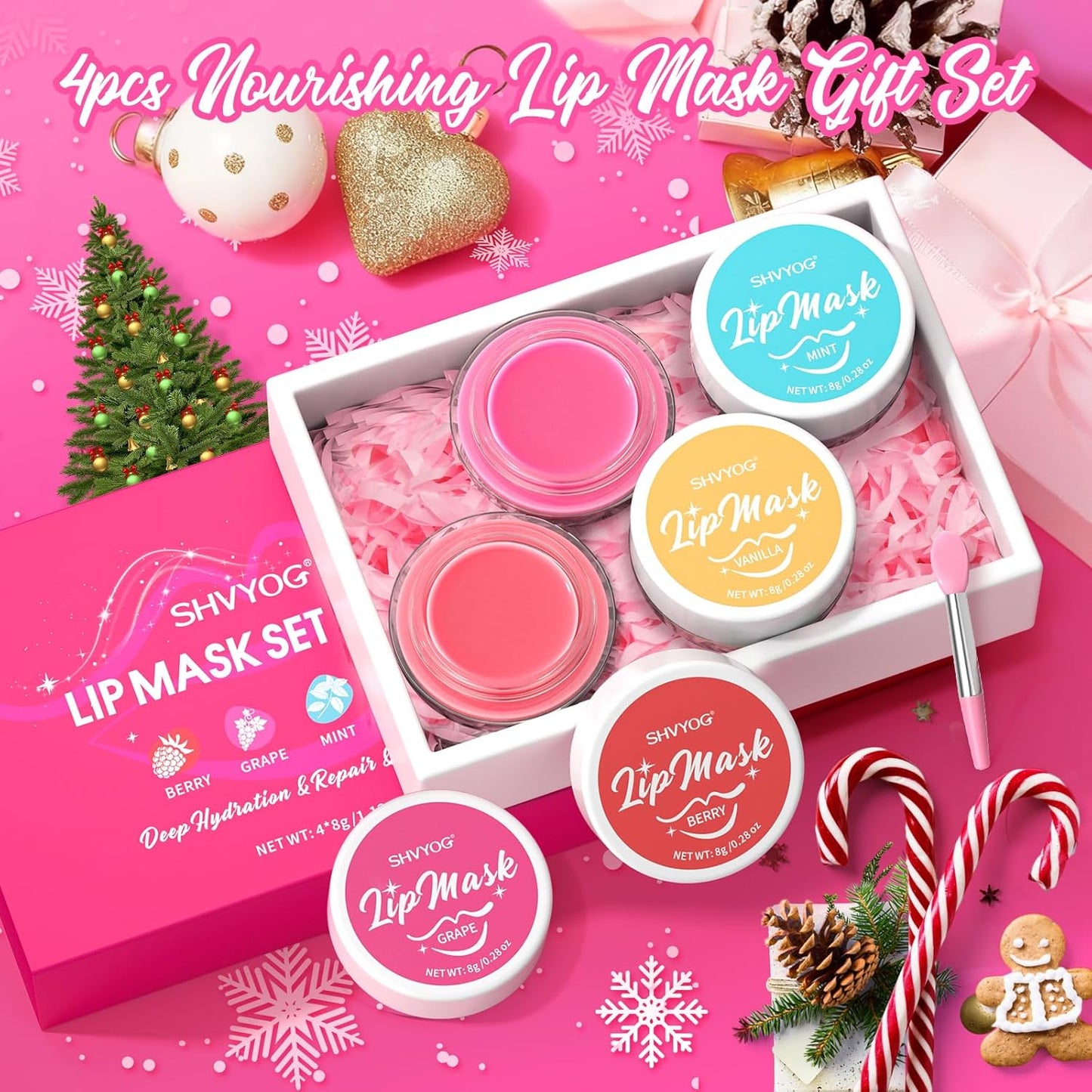 4 Pack Lip Mask Set - Berry, Grape, Mint, Vanilla Flavors - Hydrating Overnight Lip Mask for Soft, Smooth Lips, Lip Sleeping Mask for Chapped, Dry Lips with Vitamin C & Shea Butter