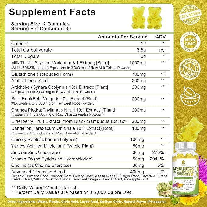 Liver Cleanse Detox & Repair Gummies 24 Potent w/3000MG Milk -60 Count