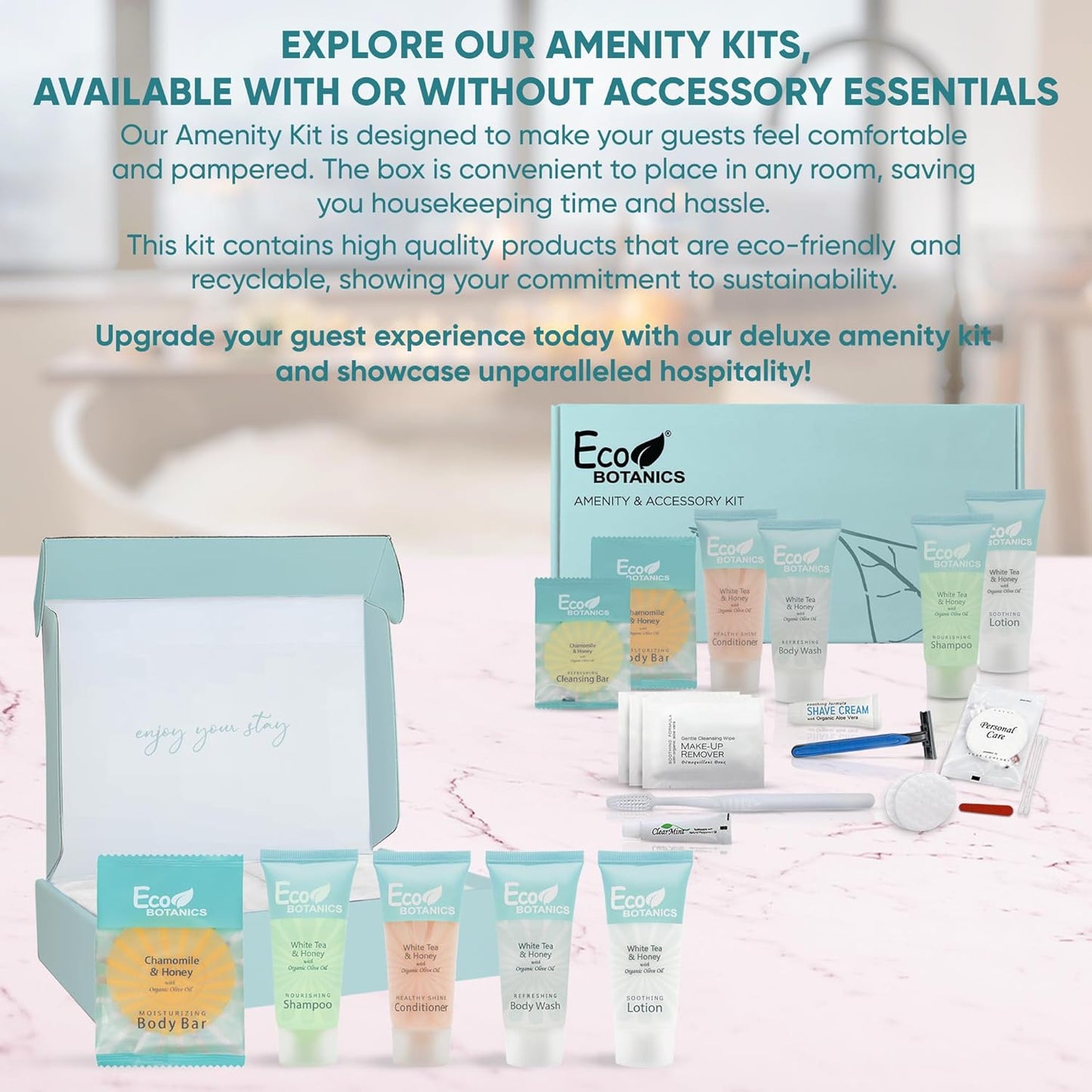 Eco Botanics Amenity & Accessory Kit | 0.85 oz Travel Size Shampoo, Conditioner, Lotion, Body Wash, Body Bar, Cleansing Bar, Shave & Dental Sets, Make-Up Remover Wipes, & Vanity Kit | 15 sets per case