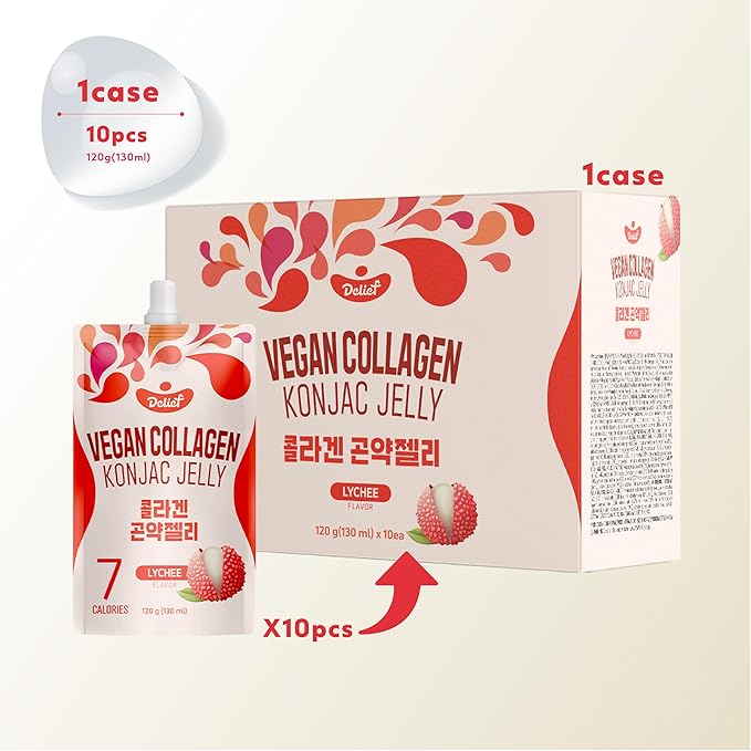 Vegan Collagen Konjac Jelly (Lychee Flavor) 120g x 10 Packs – Low-Calorie Fruit Gel Snack, Gluten-Free, Plant-Based, 7 kcal per Pouch
