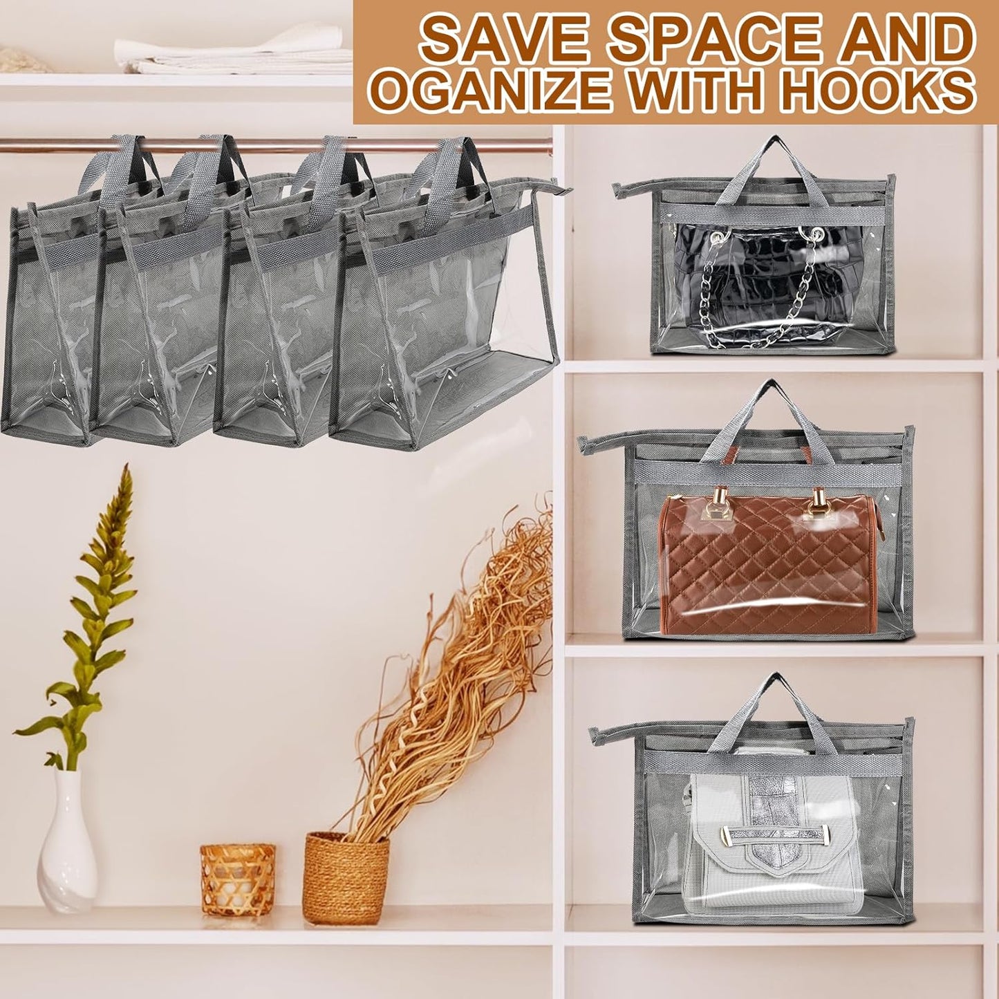 10 Pcs Dust Bags for Handbags,Clear Handbag Storage Organizer,Purse Storage Organizer for Closet,Purse Protector Storage Bag with Zipper Handle and Hooks (Grey)