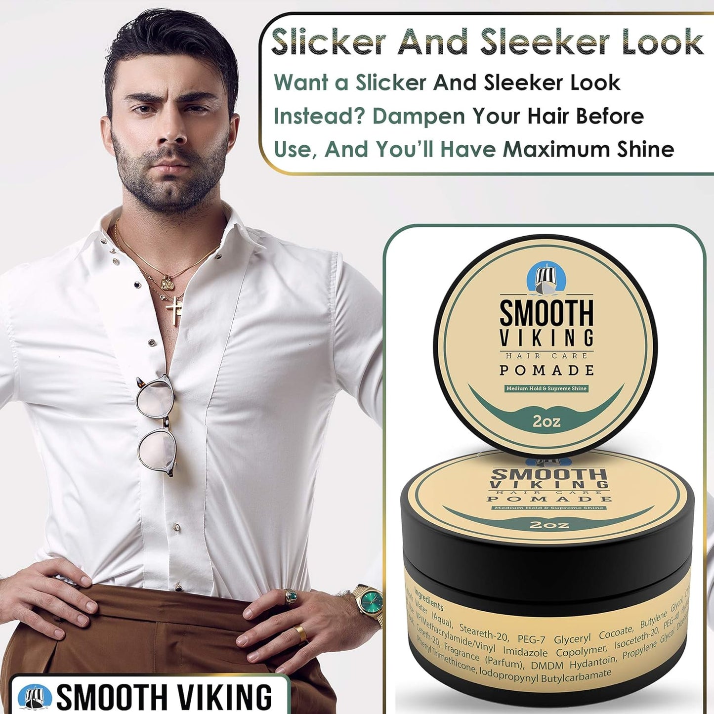 Smooth Viking Medium Hold & High Shine Pomade - Water Based Hair Cream for Curly, Thick & Straight Hair - Men's Hair Product - Made in USA, 2oz