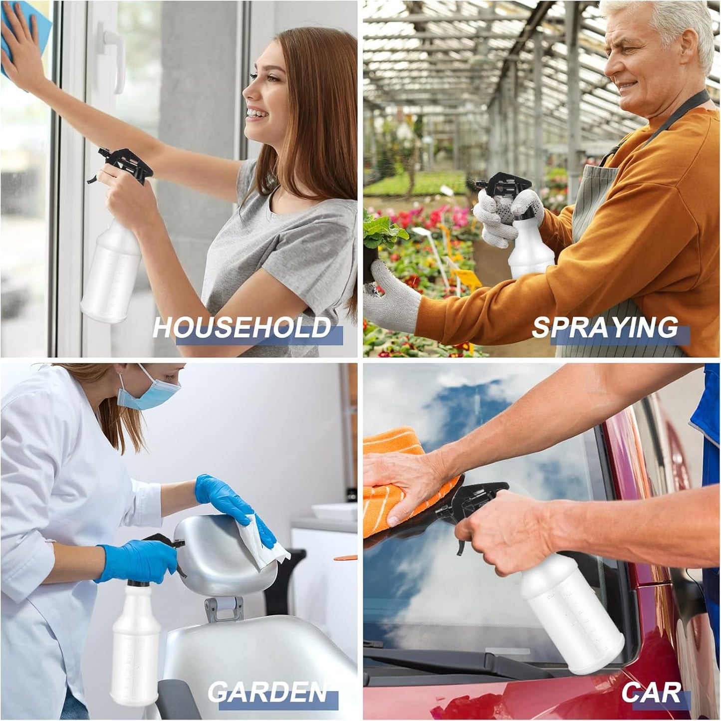 Zubebe 24 Pack 32 oz Plastic Spray Bottle Bulk Empty Leakproof Heavy Duty Spray Bottles for Cleaning Supplies Mist Bottles with Label and Adjustable Nozzle for Plant(Black,Clear Scale)