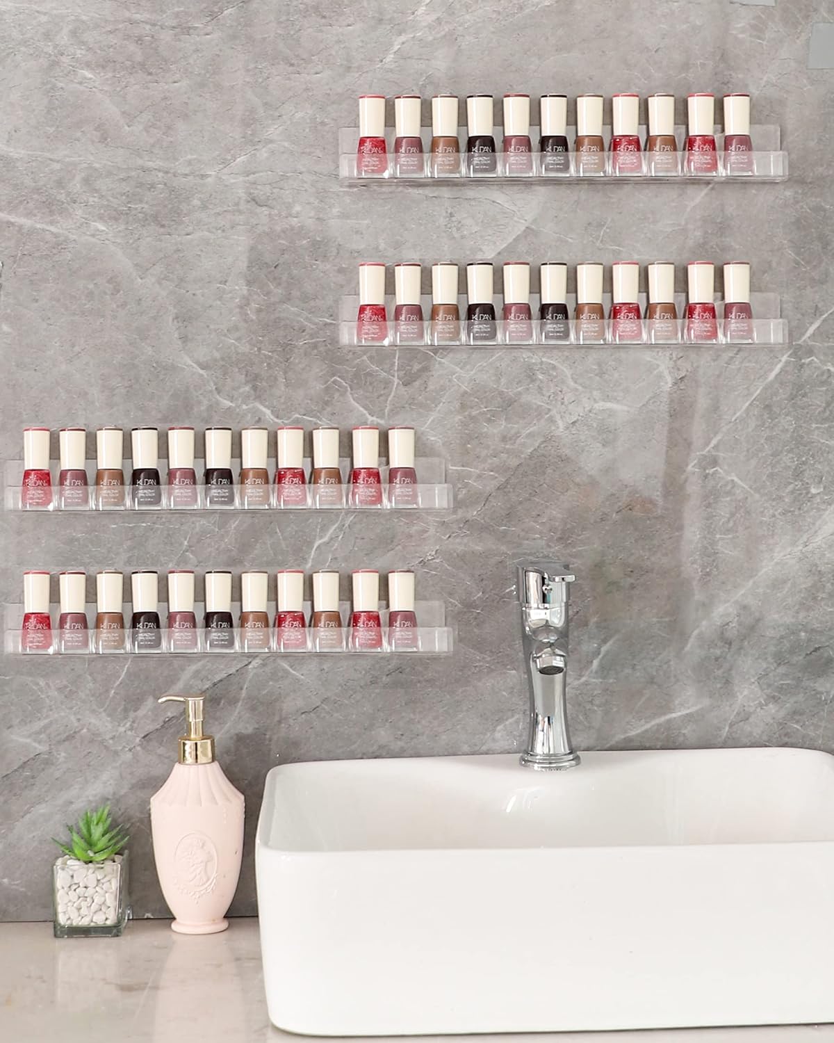 LikeU Nail Polish Rack Wall Mounted Shelf 2 Pack,Clear Acrylic Nail Polish Holder Organizer with Removable Anti-Slip End Inserts,2 Tiers Floating Polish Organizer Display 30 Bottles