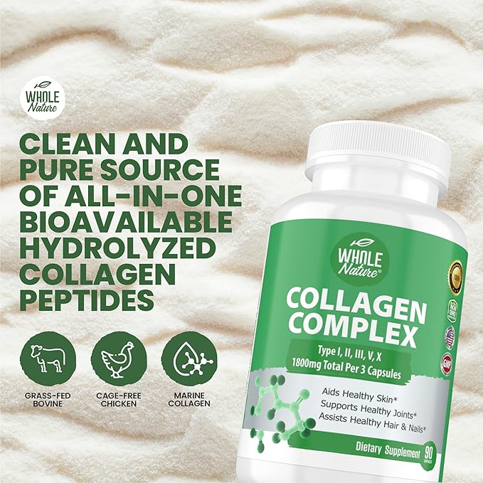 Multi Collagen Protein Peptides Supplement Capsules - 1800mg Collagen Complex Types I, II, III, V, X - Joint Support, Healthy Hair, Skin, Nails, Beauty Vitamins, 100% Natural, Non-GMO 270ct (3)