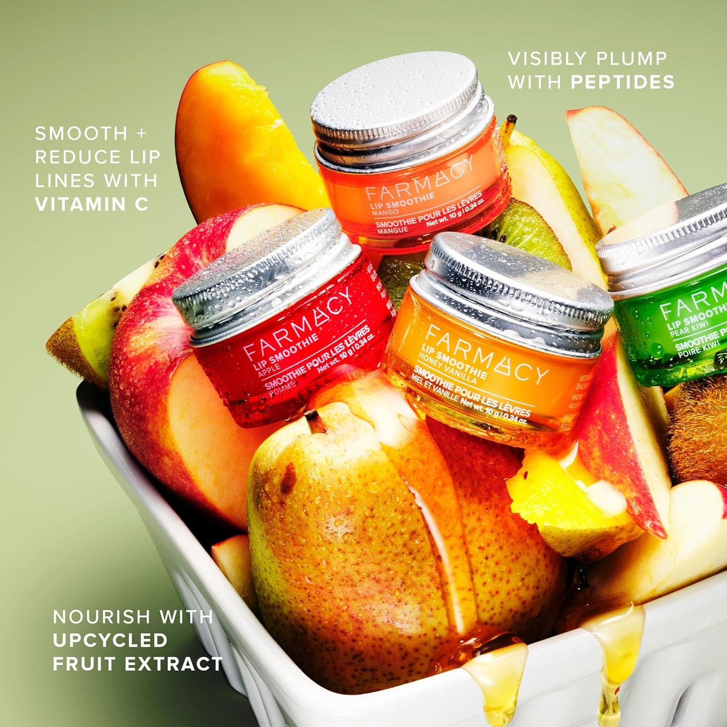 Farmacy Lip Smoothie Trio – Hydrating Peptide Lip Balms with Vitamin C in Apple, Mango & Pear Kiwi Flavors (10g Each) for Nourished, Plump Lips