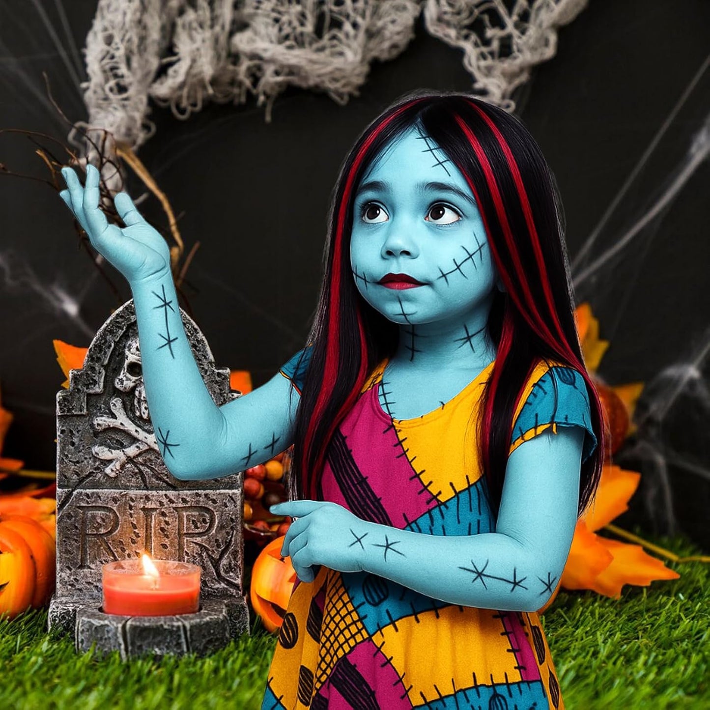 Halloween Makeup Kit for Sally Costume Women Girls Kids,Sally Face Cosplay Accessories with Light Blue Face Paint,Black Liquid Eyeliner,Red Lipstick,Clip in Hair Extensions,Setting Powder&Sponges