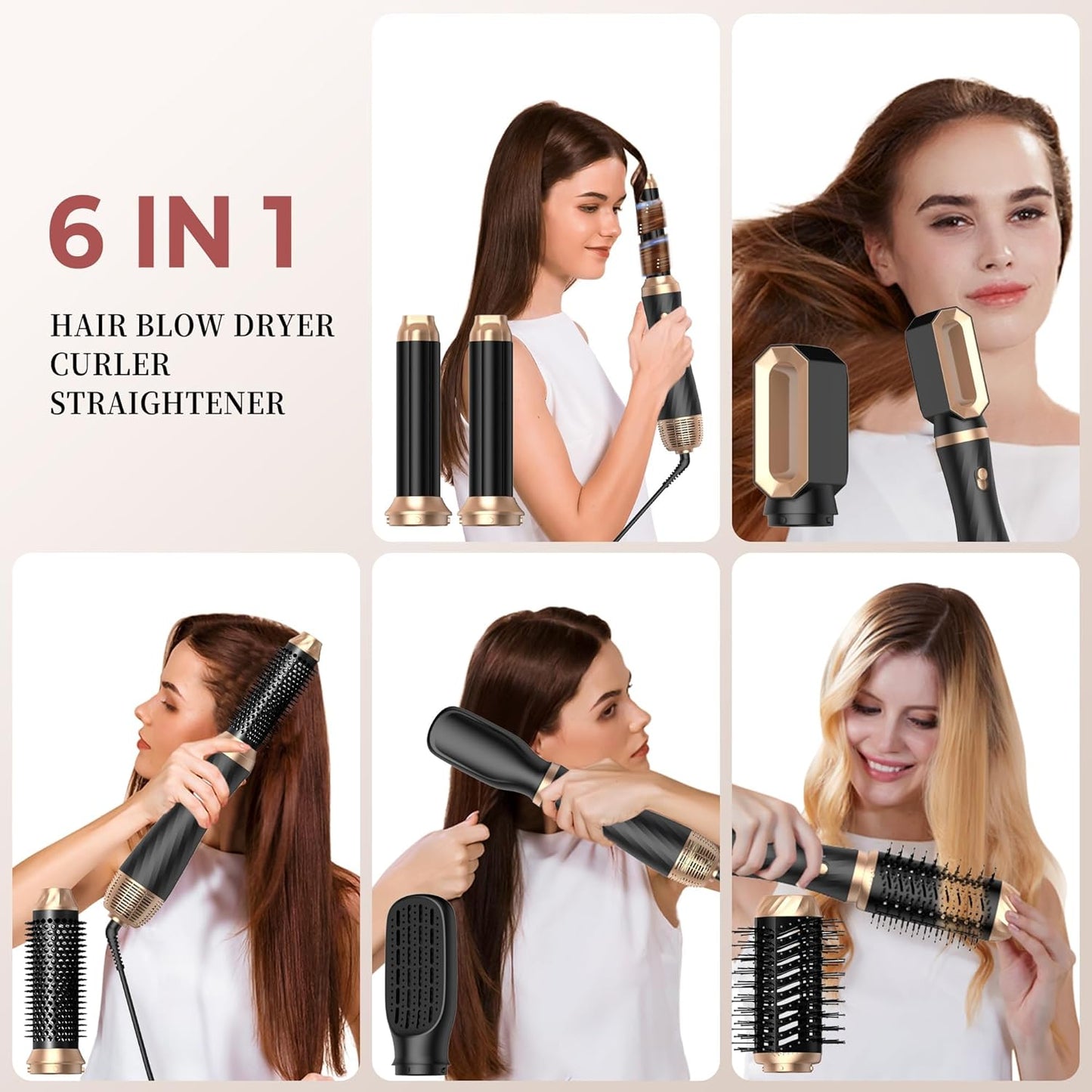 6 in 1 Hair Dryer Brush, Upgrade Detachable Blow Dryer Brush Air Styler Wrap Air Curler, Curly Twist Hot Curling Iron, Negative Ion Blow Dryer Hot Styler, Travel Hair Styling Tool