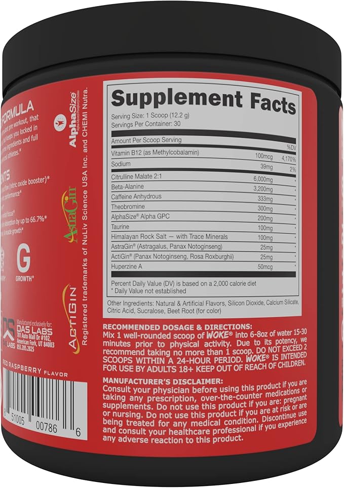 Bucked Up - Woke - HIGH STIM Pre Workout - Best Tasting - Focus Nootropic, Pump, Strength and Growth, 30 Servings (Blood Raz)