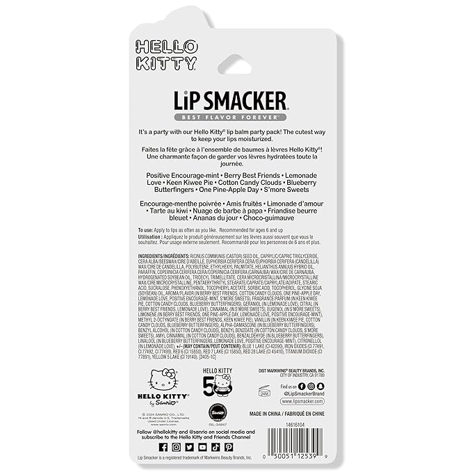 Lip Smacker Hello Kitty 50th Anniversary 8-Piece Lip Balm Party Pack - Super Sweet Flavors, Moisturizing, Sweet Silky Smooth Gliding Application, Perfect for Gifting