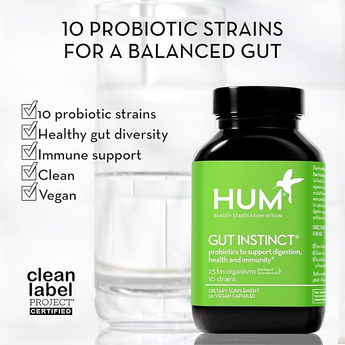 HUM Gut Instinct, Daily Probiotics for Digestive Health for Women and Men - Lactobacillus + Bifidobacterium Strains for Bloating, Immune Support + Healthy Gut Diversity (90-Count)