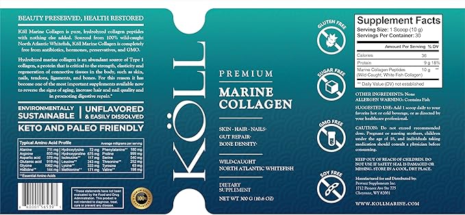 KÖLL Marine Collagen Peptides Powder, Unflavored & Sugar-Free | 10,000mg Hydrolyzed Collagen Supplements | Wild-Caught Sourced, Non-GMO & Zero Preservatives Type 1 Collagen for Bone & Skin Health