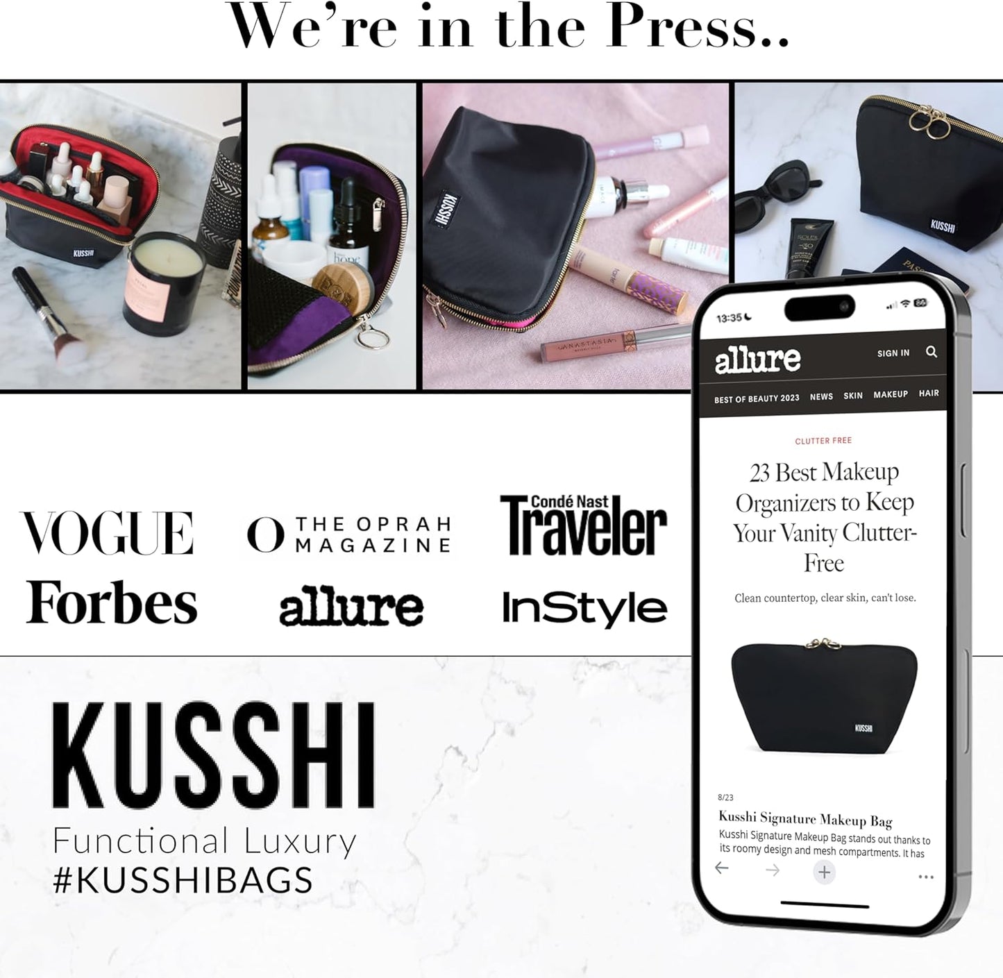 KUSSHI Washable Travel Makeup & Cosmetic Bag - Brush Organizer Sold Separately (Vacationer, Satin Black/Pink)