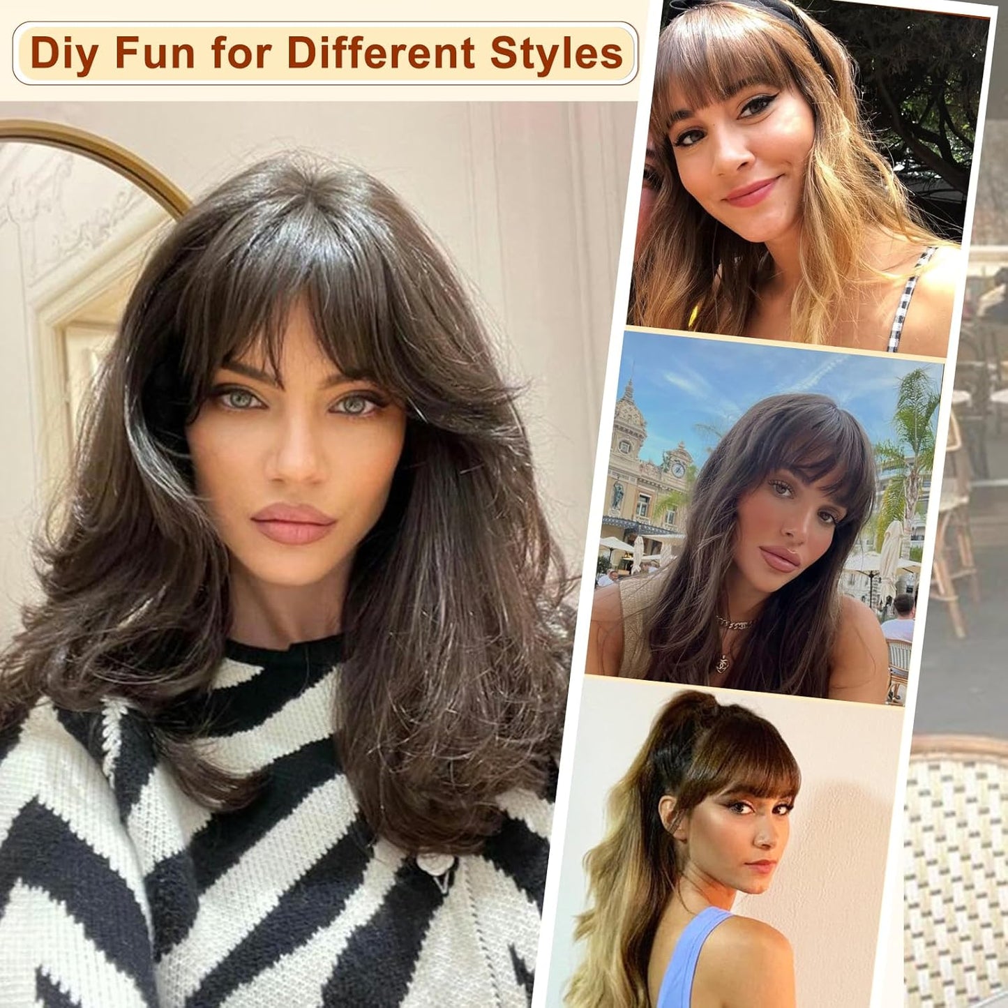 Bangs Hair Clip in Bangs, Fake Bangs Natrual Clip on Bangs Dark Brown,Faux Bangs Easy Clip in Hair Extenisons,French Bangs Fringe with Temples Hairpieces Curved Bangs for Daily Wear