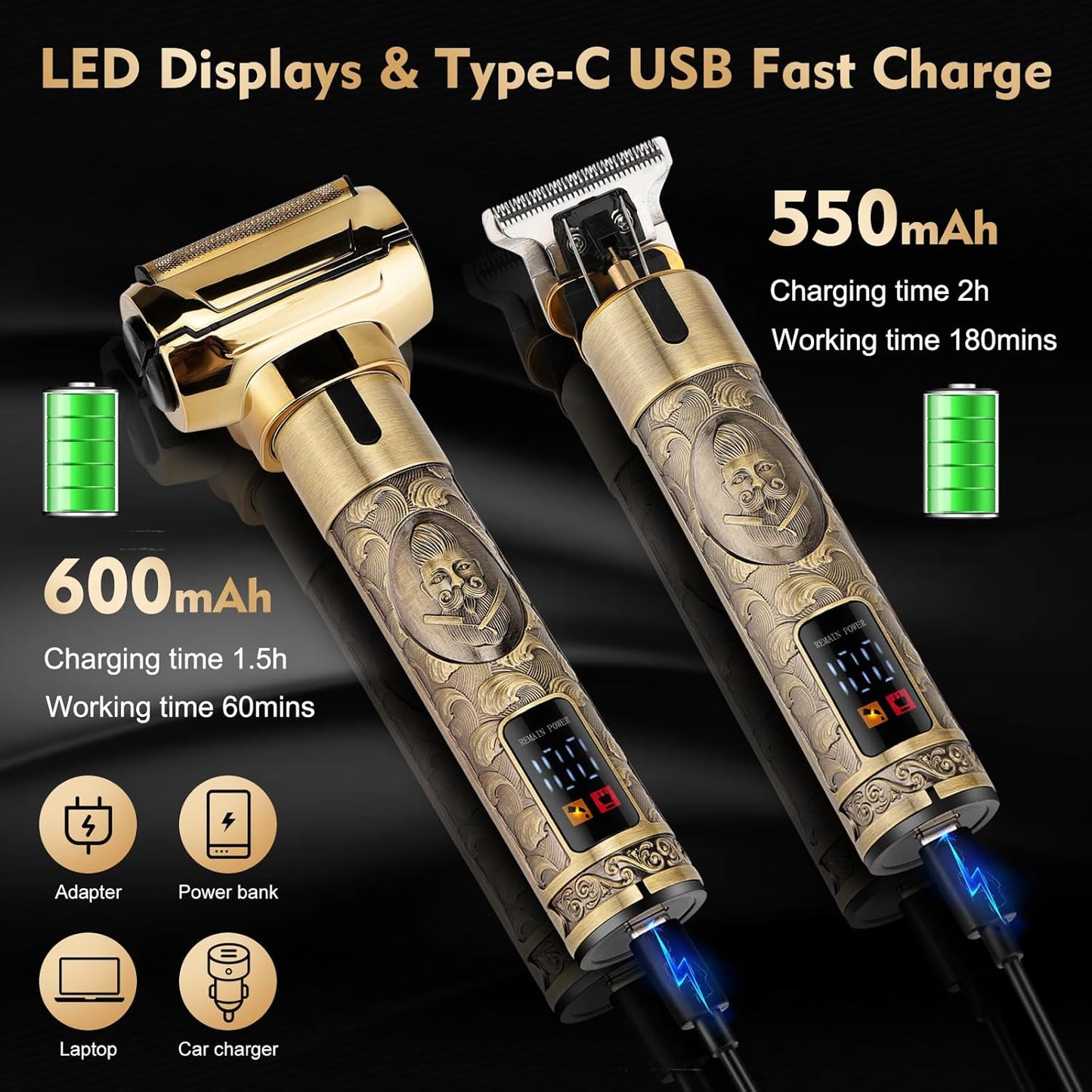 Professional Hair Clippers for Man,Electric Shavers Razor T-Blade Hair Trimmer, Men’s Grooming Kit Cordless Barber Trimmer Bald Shavers with 4 Guides & 3 Foil Head (Bronze)