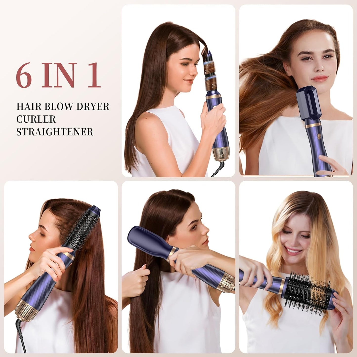 6 in 1 Hair Dryer Brush, Upgrade Detachable Blow Dryer Brush Air Styler Wrap Air Curler, Curly Twist Hot Curling Iron, Negative Ion Blow Dryer Hot Styler, Travel Hair Styling Tool
