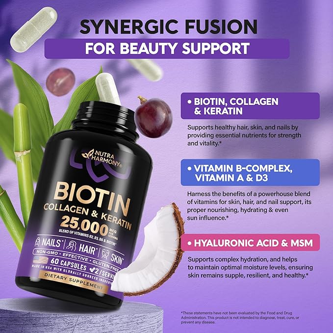 Biotin | Collagen | Keratin | 25000 mcg B1 | B2 | B3 | B6 | B7 - 60 Capsules