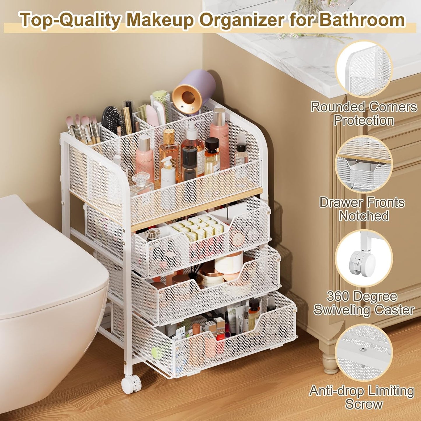 3 Drawers Makeup Cart Organizer with Divider, Under Desk Floor Skincare Organizers, Vanity Storage Organizer Cosmetics Display Cases for Skin Care Perfume Nail Polish, White