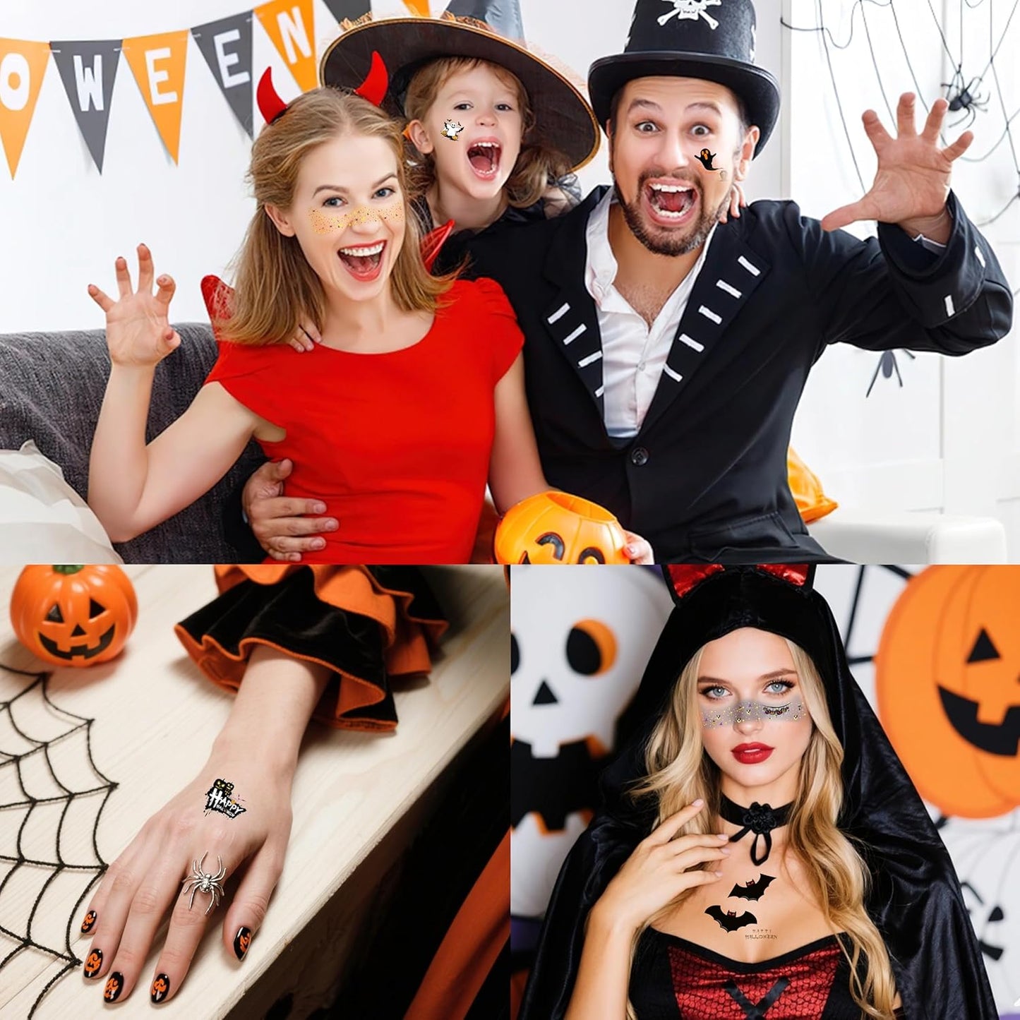 8 Pcs Halloween Face Gems Glitter Freckles Tattoos - Waterproof Face Jewels with Pumpkin Ghost Designs - Sparkling Face Makeup Stickers for Women, Kids, Party & Rave Supplies