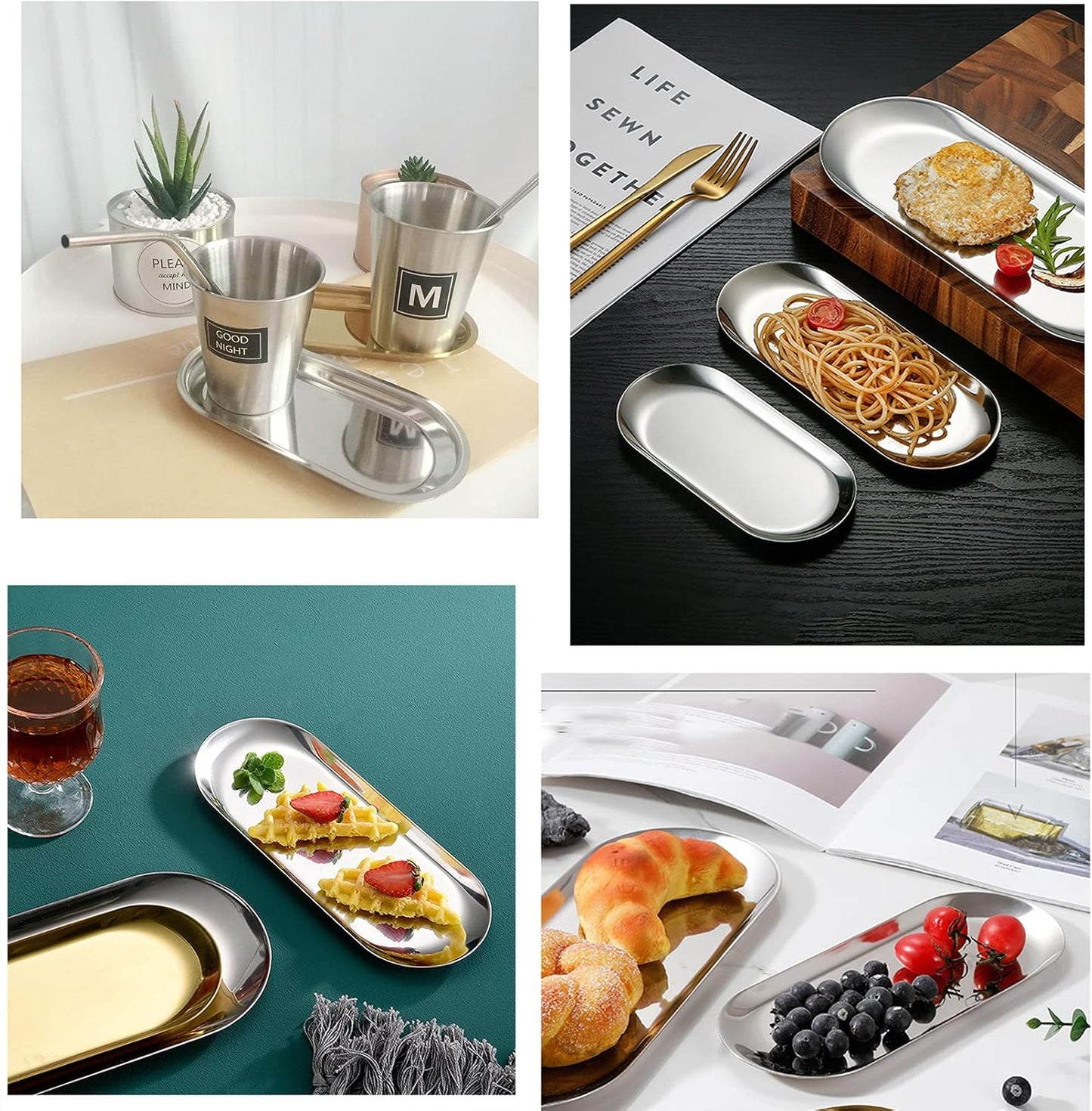 1 Pcs 9 Inch x 3.8 Inch Trinket Tray, Silver Stainless Steel, for Serving Trays Towel Storage Dish Plate Tea Fruit Trays Jewelry Plate Decorative Storage Tray