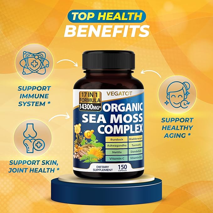 Organic Sea Moss 14,300mg with Bladderwrack, Burdock, Ashwagandha, and Turmeric - Immunity Booster for Healthy Aging, Skin & Joint Support- Made in The USA (150 Count (Pack of 1))