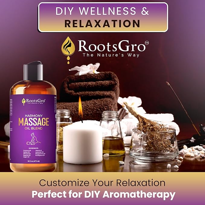 Harmony Massage Oil - Hydrating Blend with Coconut, Jojoba, Almond, Argan Oil & Vitamin E - with Lavender, Peppermint & Eucalyptus - Ideal for Massage, Moisturizing & Relaxation - 16 Fl Oz