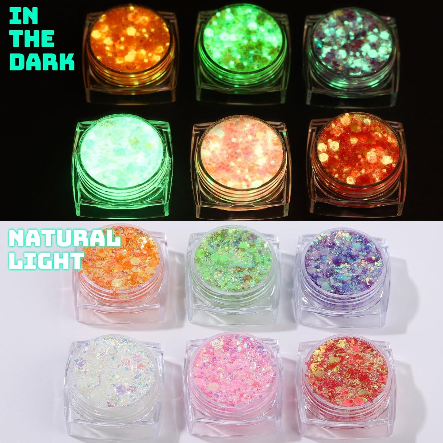 Teenitor 6 Colors Body Glitter Face Glitter, Glow in The Dark Glitter Gel, Glow in The Dark Face Paint for UV Black Light Concerts Party Rave Accessories