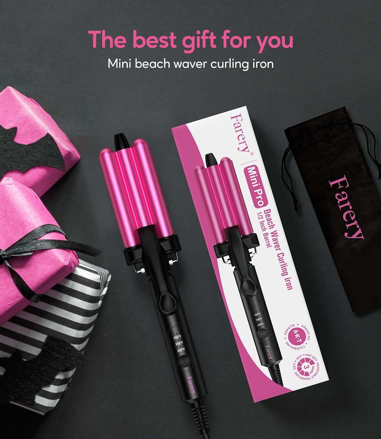 FARERY Mini Hair Crimper 3 Temperature Adjustable, 3 Barrel Curling Iron for Short Hair, Hair Waver for Women Beach Waves, 1/2 Inch Travel Size, Dual Voltage, Pouch Bag